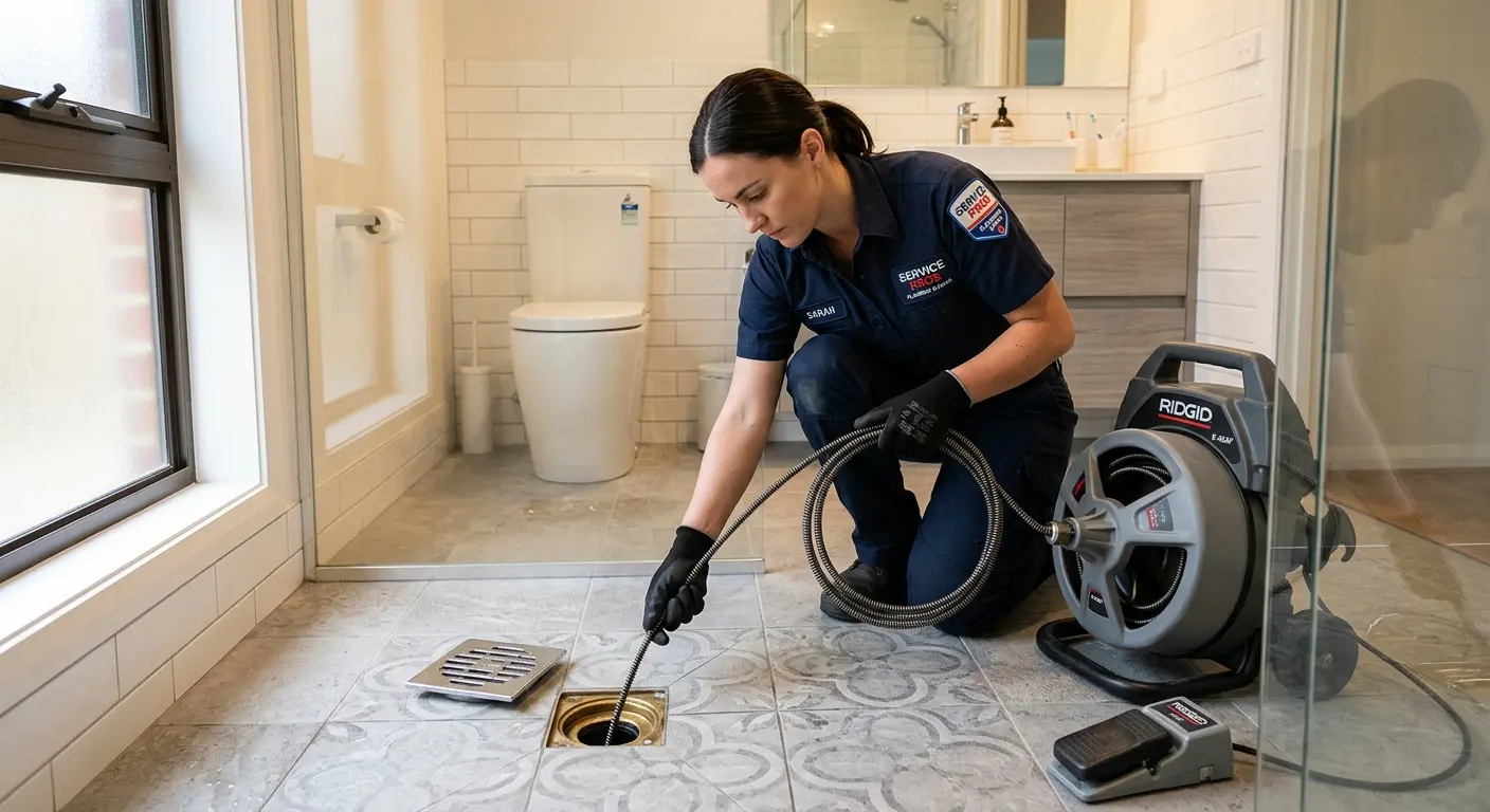 Technician clearing a bathroom floor drain for Clogged Drain Repair in Union